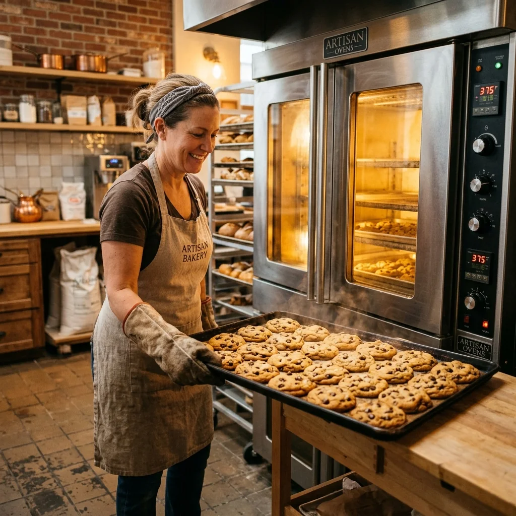 A beautifully lit, high-end commercial bakery oven with a golden glow