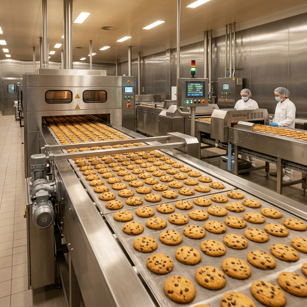 A pristine, modern bakery production line producing uniform cookies