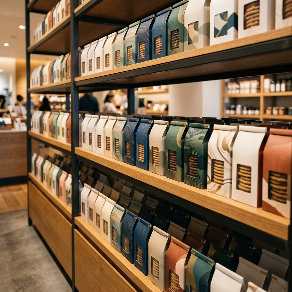 Packaged Pandur cookies neatly arranged on a modern retail shelf