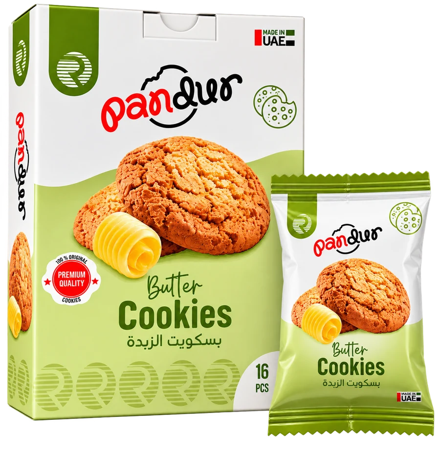 Pandur Butter Cookies — the 16-piece box beside a single sachet